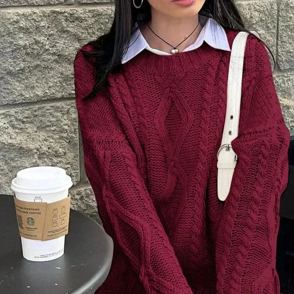 Burgundy Casual Women's Round Neck Cable Knit Long Sleeve Sweater